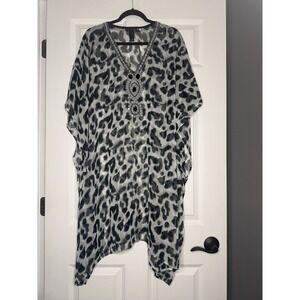La Moda Animal Print Kaftan Swimsuit Coverup One Size Gray Black Beading